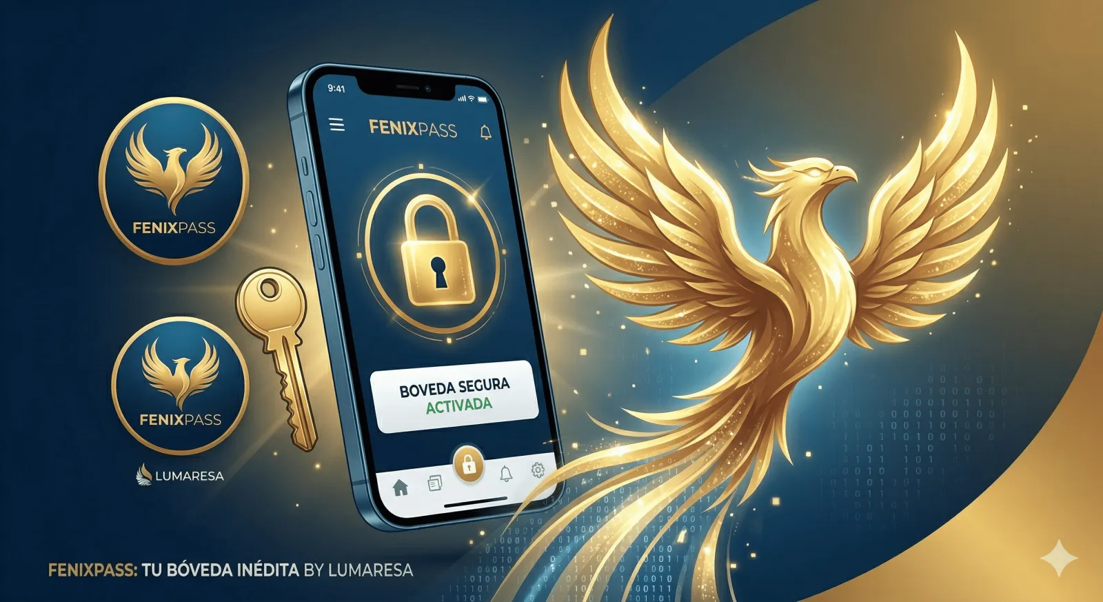 App FenixPass con la bóveda segura activada y el fénix dorado